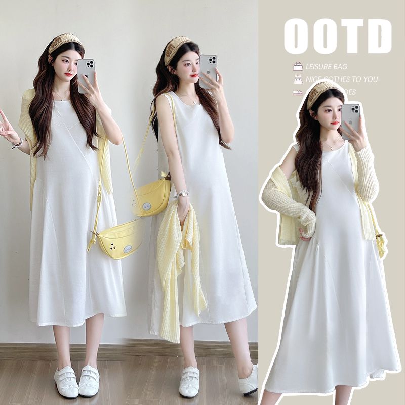 인터넷 유명인 섹션 투피스 세트 패션 달콤함 품격 연령 감소 니트 자외선 차단 오픈 가디건 임산부 민소매 드레스