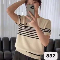 批发2025夏季新款韩版圆领气质复古条纹刺绣短袖上衣女