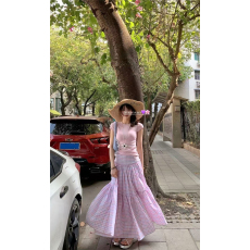 批发现货 粉色圆领正肩短袖T恤上衣女夏季格子蛋糕半身裙甜美风套装