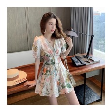 批发夏季法式新款小个子连体衣女装气质泡泡袖碎花<b class='q'>雪纺</b>连身连体短裤