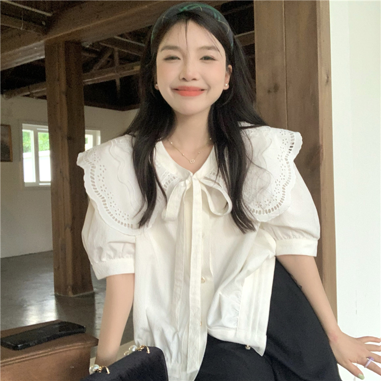 FA30618# 大码装高级少女感可拆卸撞色花边领绑带短袖衬衫女上衣 服裝批發女裝批發服飾貨源