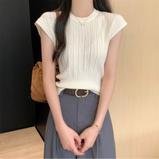 批发韩版别致绝美上衣小个子2025夏季新款圆领小飞袖坑条收腰短款T恤