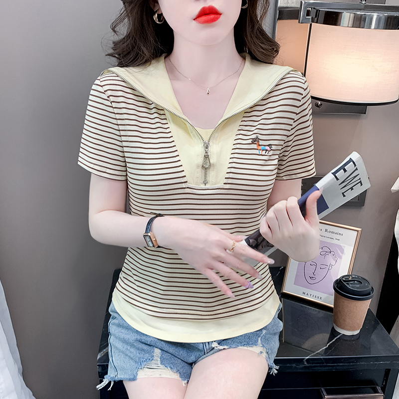 MY5263# 夏季新款修身条纹短袖T恤上衣女裝貨源服裝批發