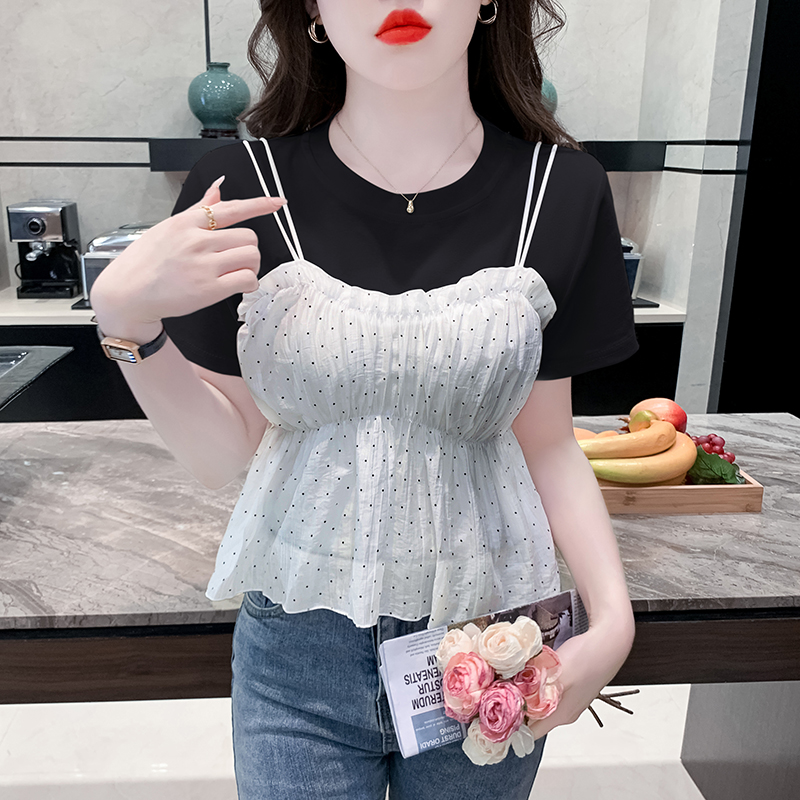 MY5262# 夏季新款时尚收腰圆点吊带真两件套上衣女简约百搭圆领女裝貨源服裝批發