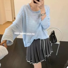 批发2025春秋季流行风格新款套头防晒衣条纹长袖T恤上衣针织打底衫女