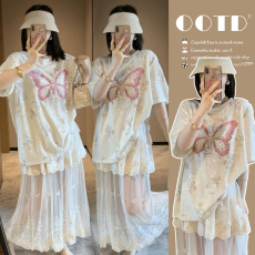 批发夏季新款烫钻蝴蝶时尚T恤+蕾丝多层甜妹半身<b class='q'>裙</b>拼接<b class='q'>网纱</b>孕妇套装
