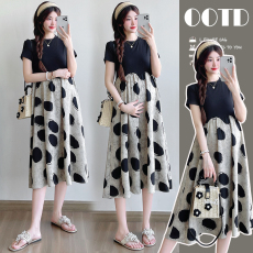 批发实拍孕妇装2026<b class='q'>夏</b>季新款圆领波点设计感拼接假两件孕妇连衣裙