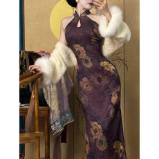 批发画报夫人新中式国风高级提花缎面挖肩水滴<b class='q'>旗袍</b>苑紫腔全包边连衣裙