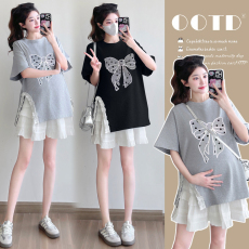 实拍大量夏装新款时尚洋印花蝴蝶结短袖T恤孕妇套装两件套