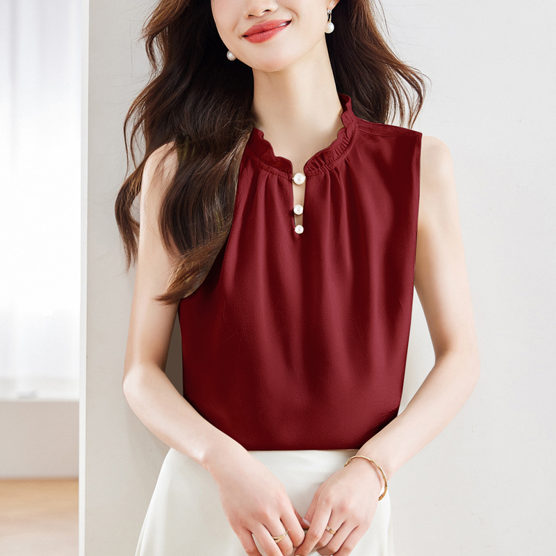 2026 여름 새로운 실크 연령 감소 아름다운 비즈 박기 목이버섯 스탠드 칼라 다용도 여성 만나는 외출용 조끼