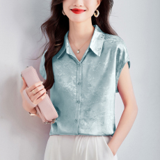 批发实拍2026紫色<b class='q'>真丝</b>提花夏季新品飞飞袖纯色轻职业港风优雅<b class='q'>女</b>士衬衫