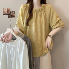 批发实拍大码女装文艺复古宽松显瘦棉麻衬衫领口设计感木耳边系带上衣