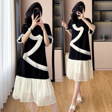 批发实拍大码女装夏季新款撞色拼接设计感宽松遮肚中长款<b class='q'>连衣裙</b>