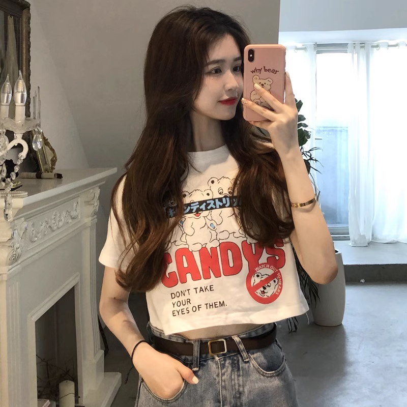 있음 선적 한국 스타일 여름 반팔 티셔츠 여성 짧은 몸매 가꾸기 짧은 맨위 하이웨이스트 이슬 뼈의 새로운 다용도 섹시함