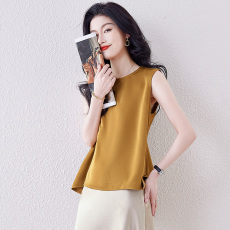 批发实拍高级感优雅气质缎面手抓花圆领纯色无袖女夏季不规则洋气上衣