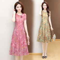 批发实拍有货 2026夏季新款短袖连衣裙网纱印花收腰显瘦大码中长款