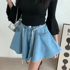 批发现 穿绳系带大裙摆高腰阔腿显腿长休闲辣妹牛仔裙裤短裤