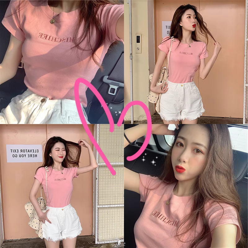 있음 선적 한국 대외 무역 여름 새로운 한국 스타일 알파벳 자수 몸매 가꾸기 반팔 티셔츠 여자 학생 맨위