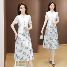 批发实拍有货 2026夏季新款大码短袖两件套裙子新中式套裙减龄洋气