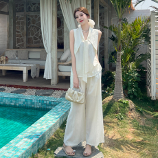 批发实拍<b class='q'>夏</b>季韩版时尚套装慵懒风简约通勤背心上衣阔腿裤两件套