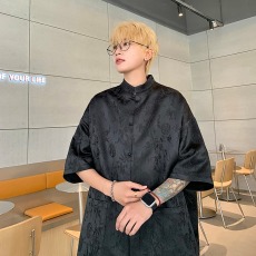 批发新中式轻国风夏装黑色提花冰丝衬衫男短袖立领盘扣中山唐装衬衣潮