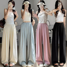 批发冰丝松紧阔腿裤女<b class='q'>夏季</b>新款薄款高腰垂感醋酸肌理奶芙小个子山本裤