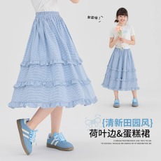批发女童半身裙<b class='q'>春</b>秋款儿童洋气荷叶边裙子女大童格纹中长款蛋糕裙女孩