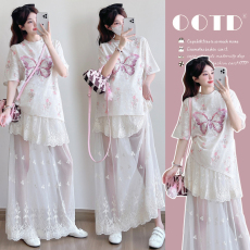 批发实拍夏季新款烫钻蝴蝶时尚T恤+蕾丝多层半身<b class='q'>裙</b>拼接<b class='q'>网纱</b>孕妇套装