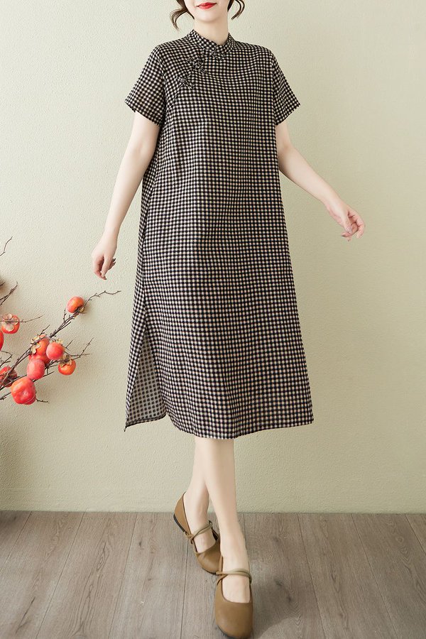 실사 레트로 새로운 문예 슬림해 보이는 개선 치파오 중화 민국 차 서비스 스탠드 칼라 비스듬한 襟 중간 길이 면 린넨 드레스 여름