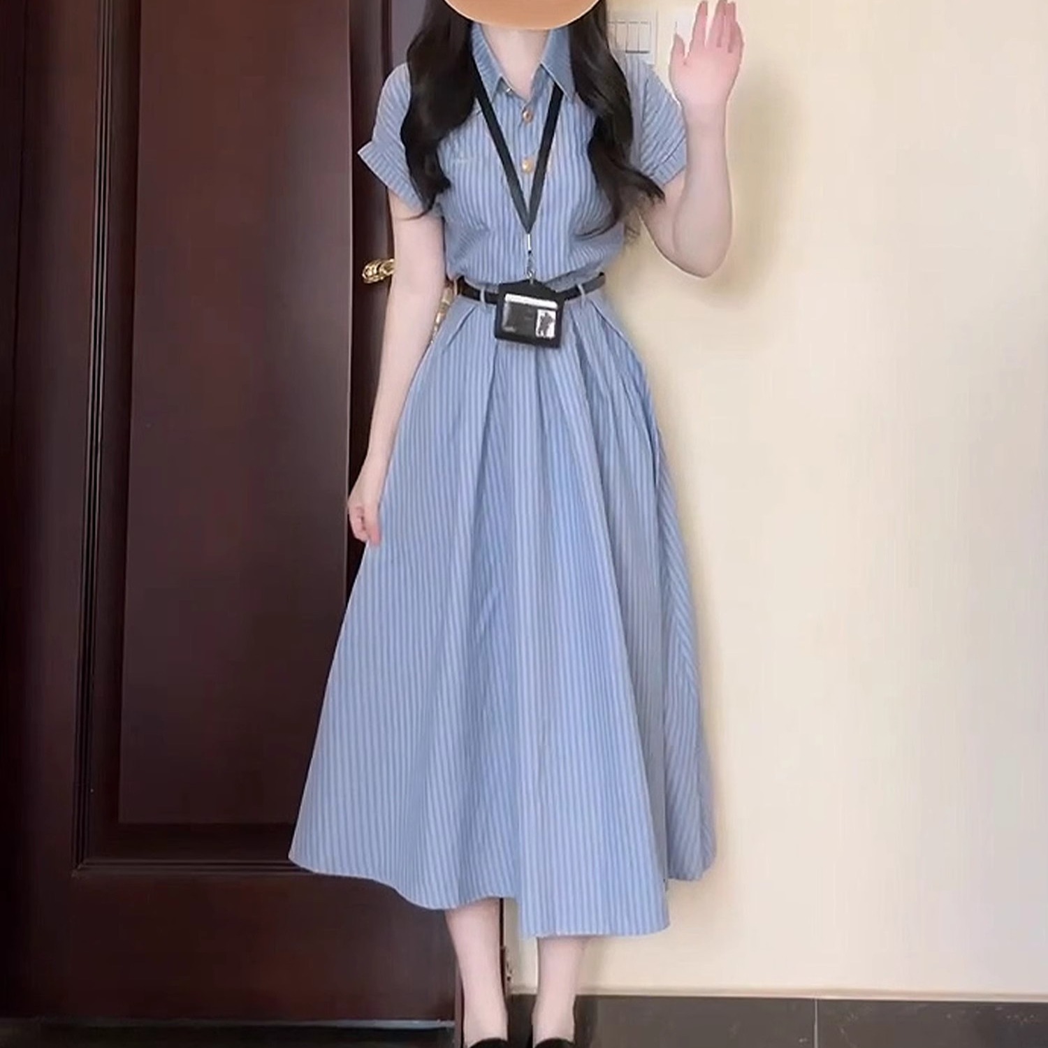 2026 여름 파란색 POLO 칼라 문예 스트라이프 드레스 여성 의류 교 자본금 면접 치마