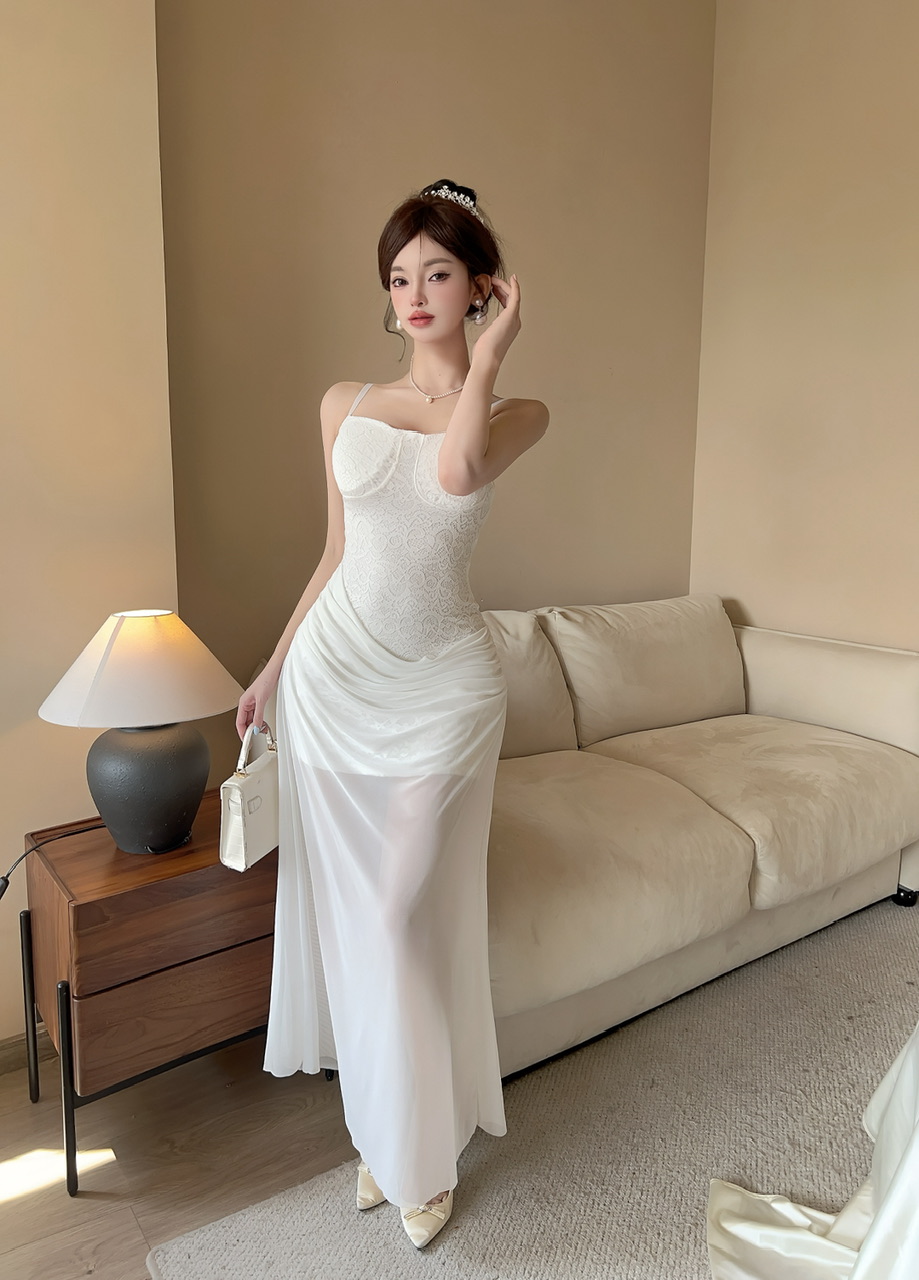 实拍现货气质蕾丝性感修身拼接网纱长款吊带礼服连衣裙裹胸长裙