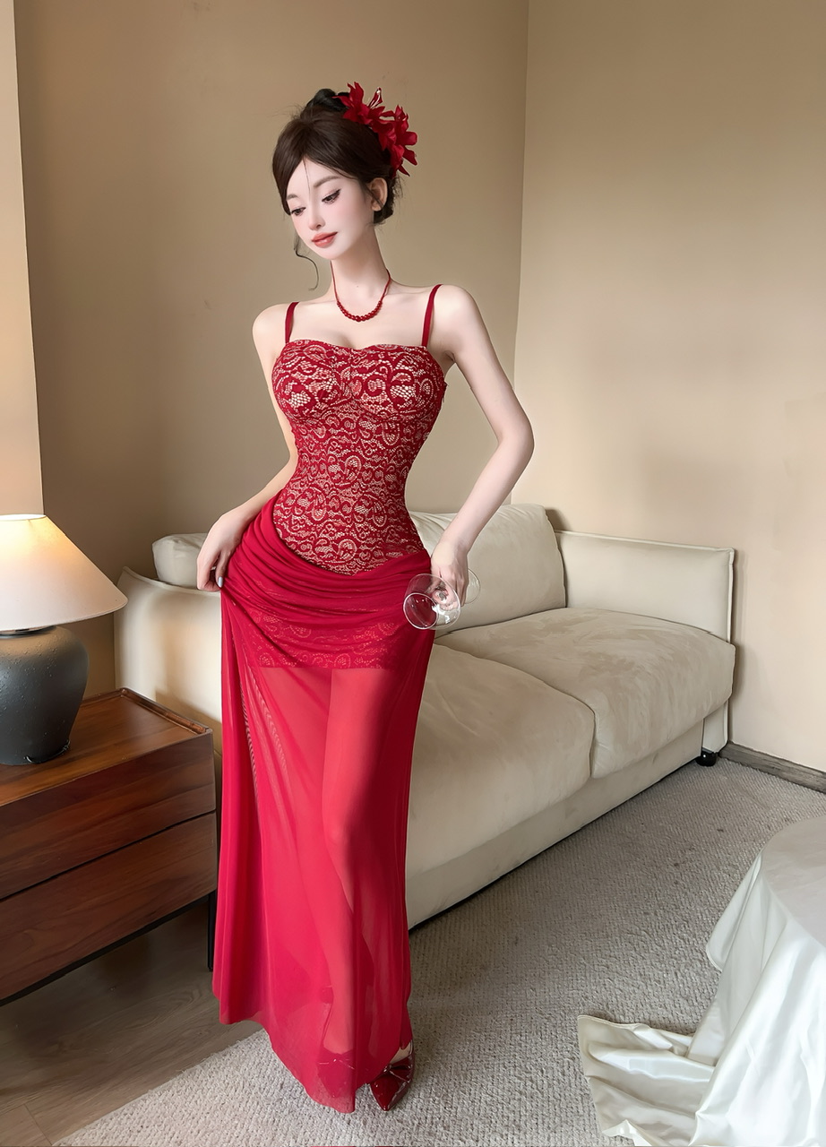 实拍现货气质蕾丝性感修身拼接网纱长款吊带礼服连衣裙裹胸长裙