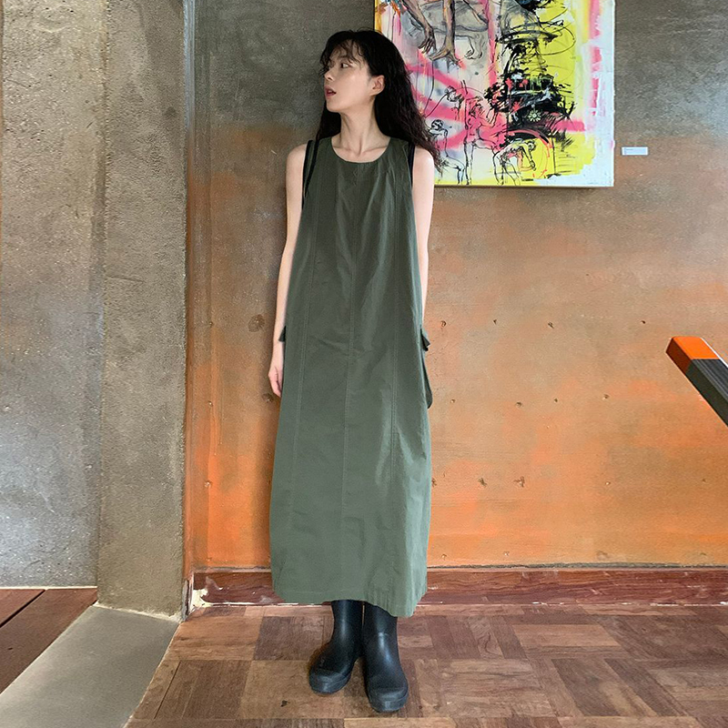있음 선적 한국 chic 여름 새로운 작은 대중 레트로 빅 포켓 디자인 워크웨어 조끼 여성 드레스
