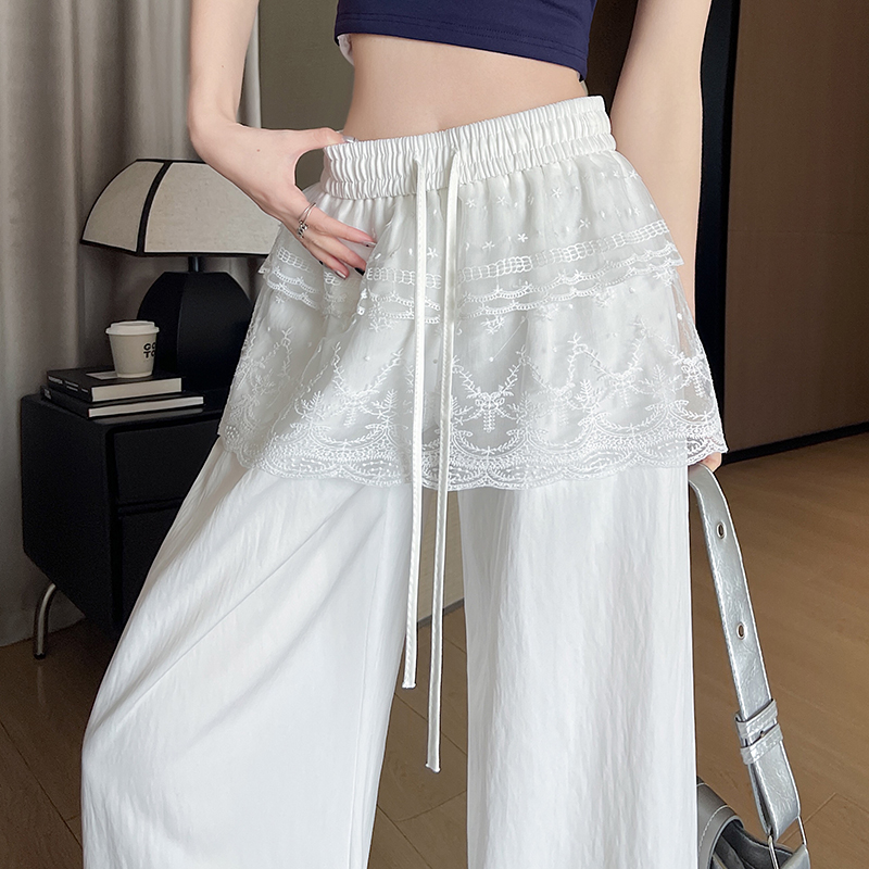 实拍 蕾丝拼接冰丝阔腿裤女夏季高腰宽松慵懒垂感休闲直筒拖地裤