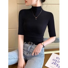 批发卡其色莫代尔中袖t恤女2025春夏内搭半高领打底衫修身五分袖上衣