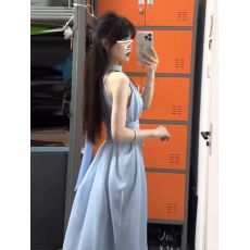 批发优质质量  <b class='q'>春</b>装双层法式温柔气质甜美修身收腰新款挂脖无袖连衣裙