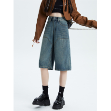 批发实拍大码<b class='q'>女装</b>牛仔裤美式复古高街潮牌五分裤宽松直筒休闲水洗中裤