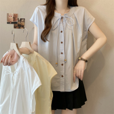 批发实拍~大码夏季新款<b class='q'>韩版</b>小清新休闲短袖抽绳蝴蝶结百搭衬衫上衣女
