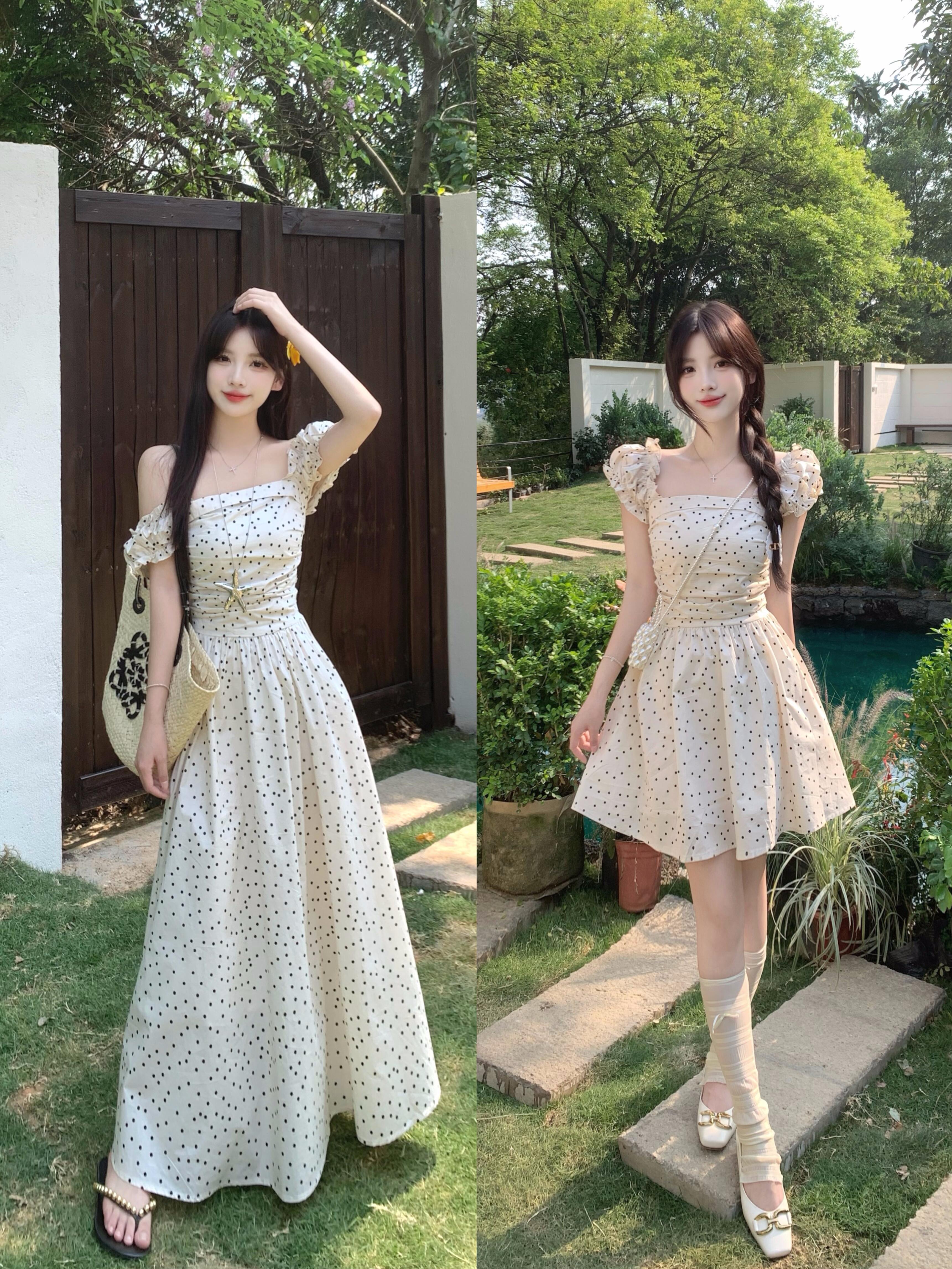 실사 빅 사이즈 프랑스식 작은 대중 디자인 센스 작은 날다 소매 도트 무늬 드레스 여름 여성 하이웨이스트 슬림해 보이는 롱 스커트