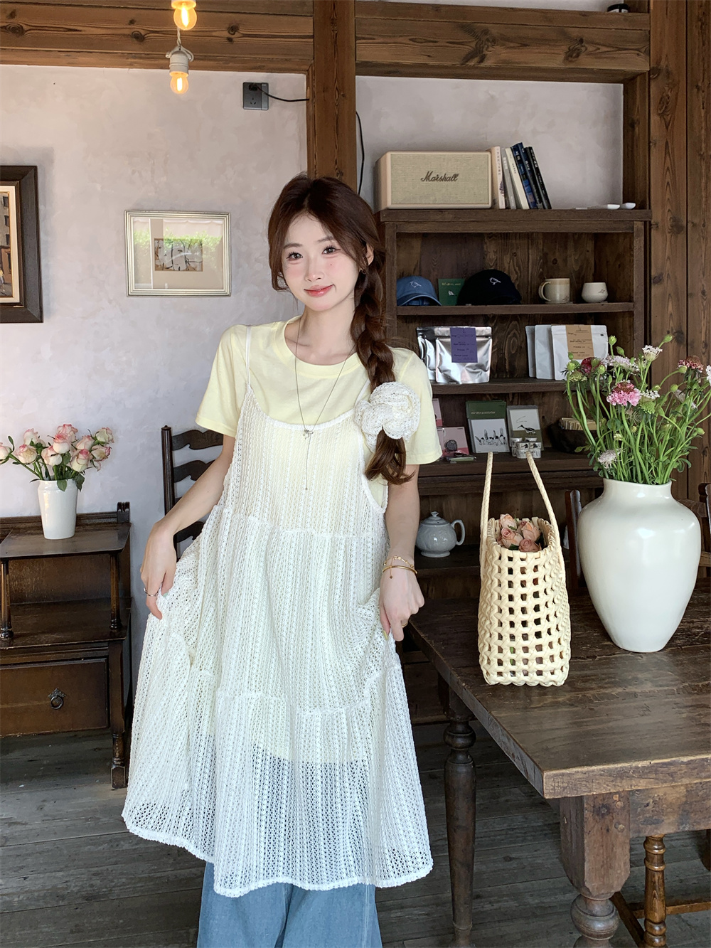 실사 정가 한국 스타일 다용도 캐주얼 슬림해 보이는 실 빈 레이스 슬립 드레스 황색 롱 코트 티셔츠 투피스 세트