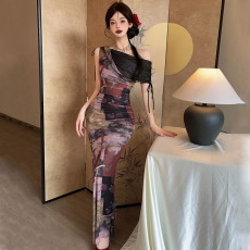 批发实拍法式一字肩印花网纱连衣裙女夏季旗袍性感修身<b class='q'>鱼尾</b>包臀长裙子