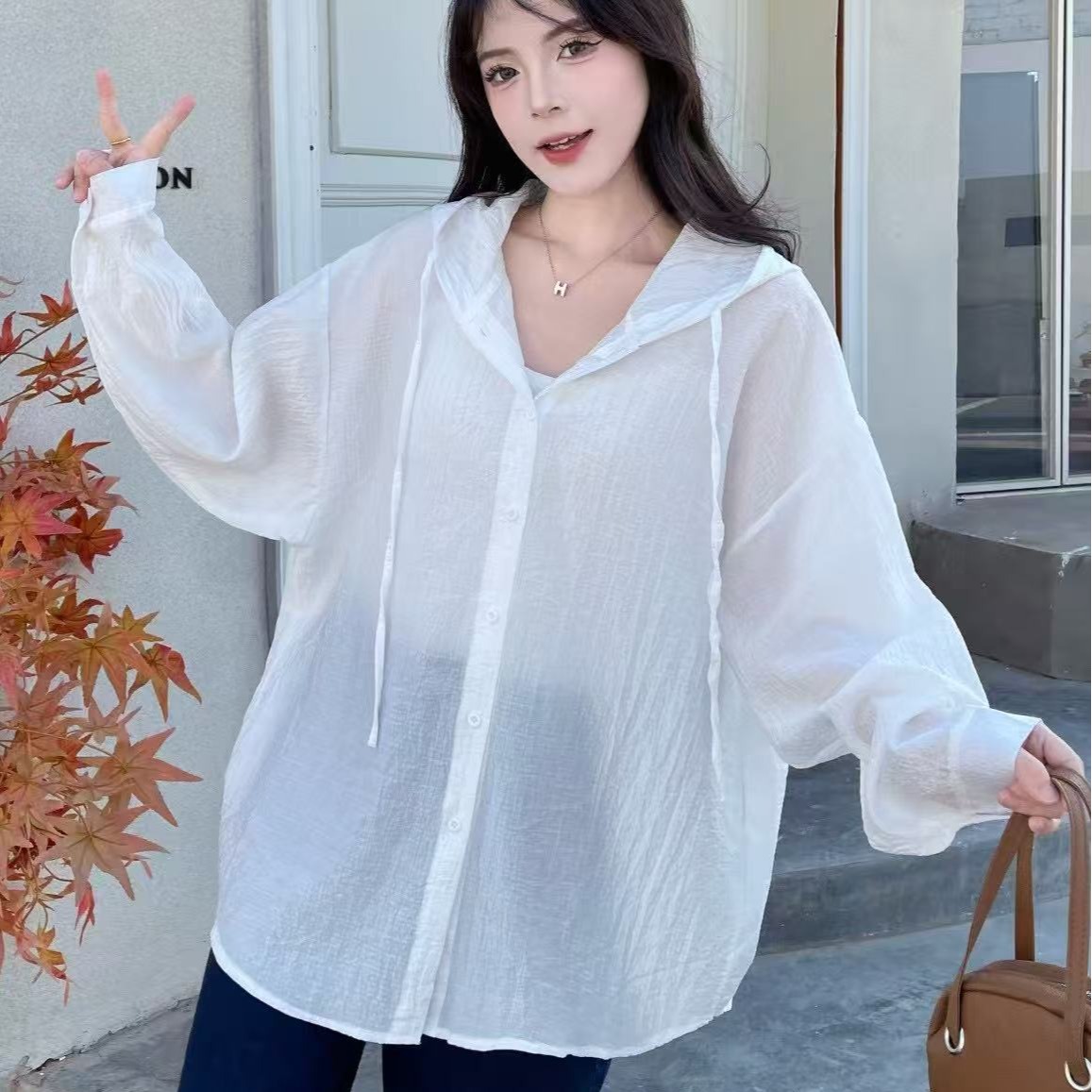 실사 여름 후드 단색 자외선 차단 의류 여성 레저 루즈핏 셔츠 긴팔 루즈핏 빅 사이즈 여성 코트 셔츠 트렌디