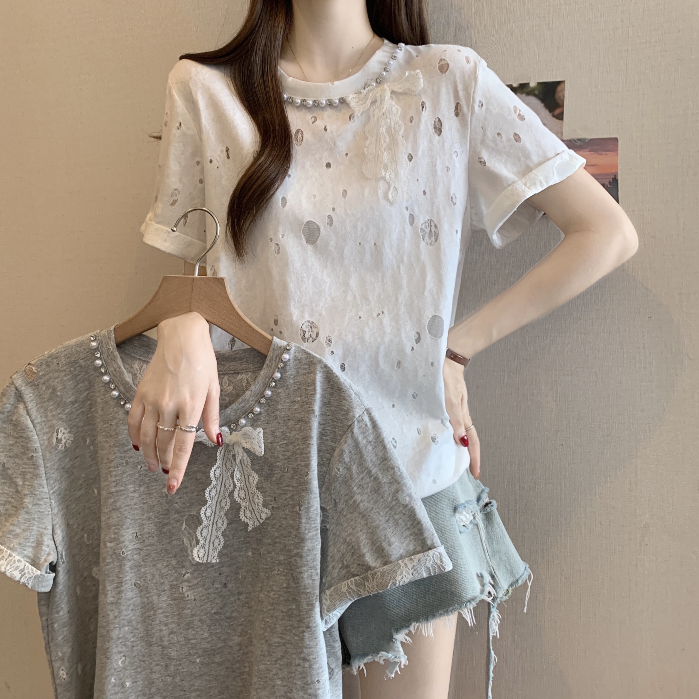 FA31577# 新款夏时尚设计感蕾丝内衬镂空钉珠宽松休闲显瘦百搭上衣 服裝批發女裝批發服飾貨源