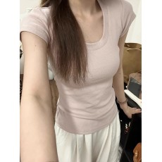 批发粉红色针织衫U领正肩短袖T恤女夏季简约百搭辣妹修身显瘦收腰上衣