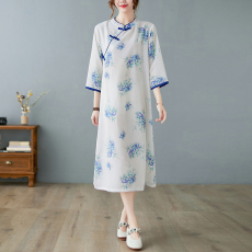 批发<b class='q'>清仓</b>特价夏季新款大码女装印花棉麻旗袍裙复古文艺七分袖中长裙子