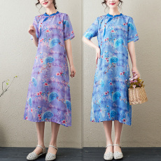 批发<b class='q'>清仓</b>特价夏季新款印花棉麻短袖<b class='q'>连衣裙</b>宽松大码显瘦旗袍裙子女