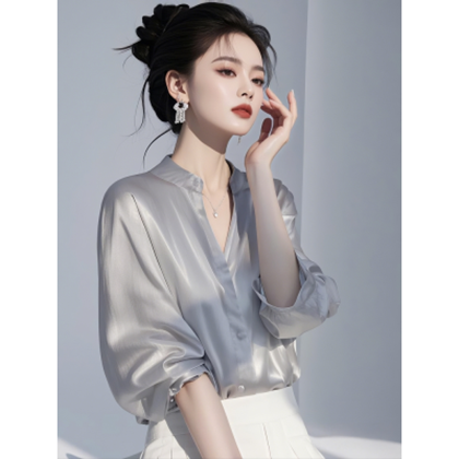 한 부서 고급 센스 빛 럭셔리 연령 감소 V넥 여성 셔츠 2026 봄 가을 새로운 7부 소매 아름다운 회색 맨위