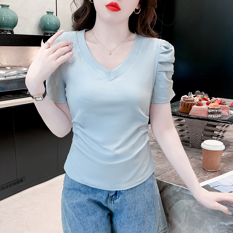 MY6952# 新款欧货港风泡泡袖纯棉短袖T恤女上衣ins潮女裝貨源服裝批發