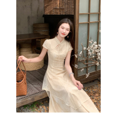 批发新中式假两件改良全包边旗袍女春夏立领蕾丝拼接镂空连衣裙