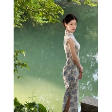 批发忘夏·八十支全棉青花瓷印花新中式国风改良无袖旗袍修身